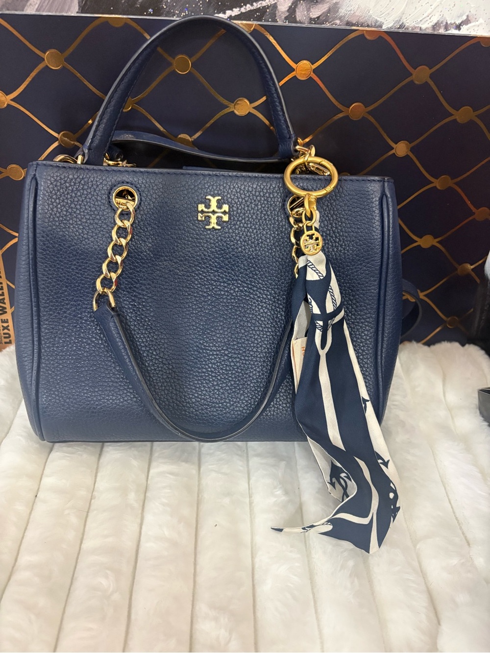 Tory Burch Navy Pebbled Leather Satchel with Gold Hardware and Scarf Accent